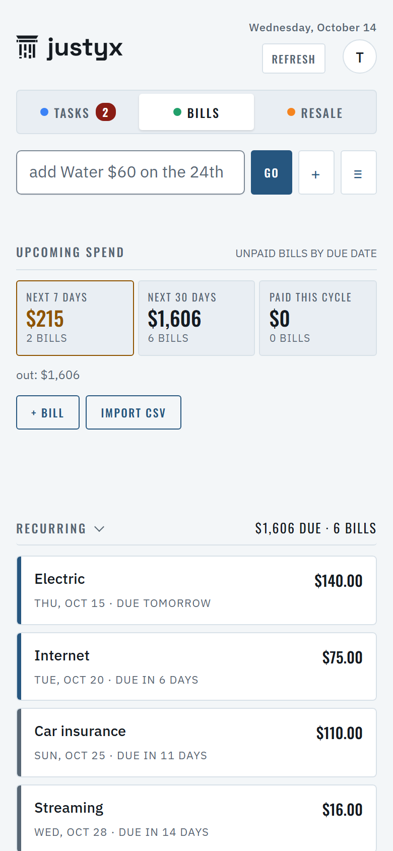 UNDR CTRL Bills page showing upcoming spend and the recurring bills list