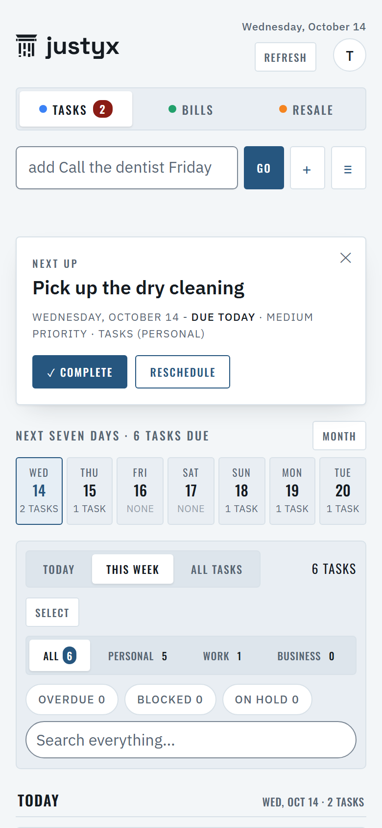 UNDR CTRL on a phone: the Tasks page with a command bar, the next task due today, and six tasks across the next seven days